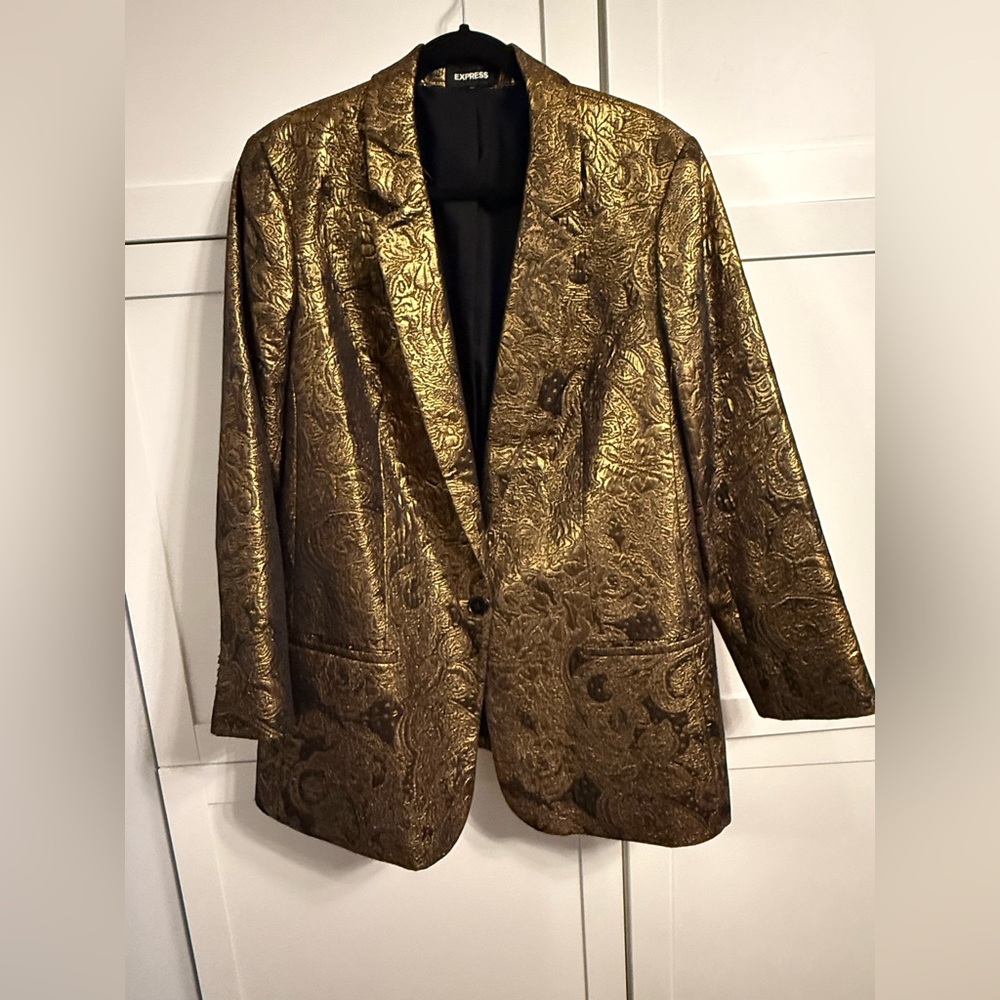Express Black and Gold Brocade Blazer - Elevate Your Ensemble with Elegance!